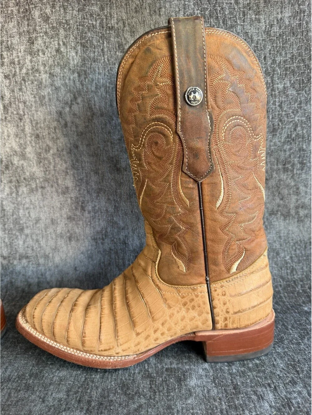 Tanner Mark Mens Cowboy Boots Size 7 Caiman Tail Print Tan Leather Square Toe